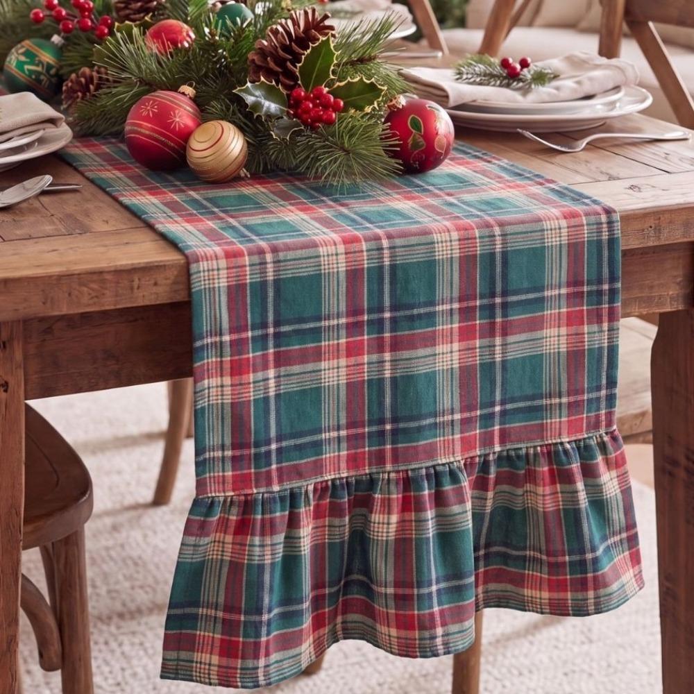 Double Ended Lotus Leaf Edge Christmas Table Runner Washable Rustic Style Ruffle Edge Table Flag Vintage Checkered