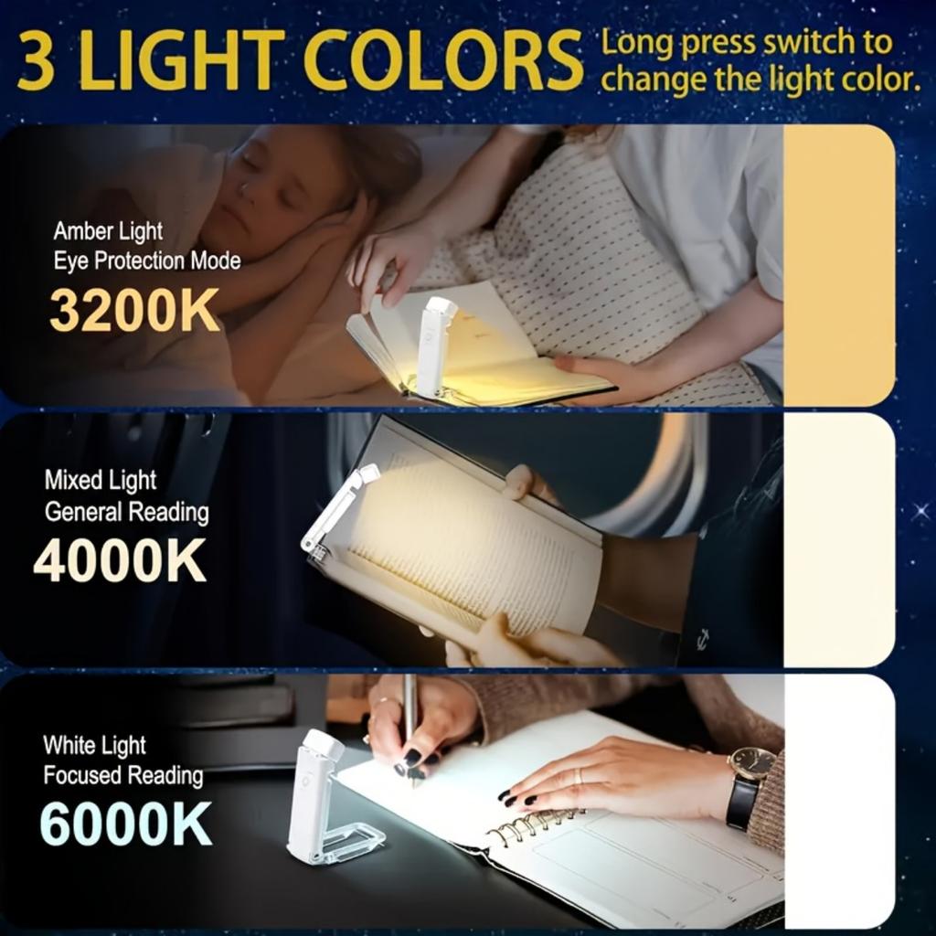 Mini USB Lade-Leselampe - Tragbar und Faltbar, Warmfarben- und Kaltlichtschutz, 3-stufige Helligkeitseinstellung, Klemmleuchte