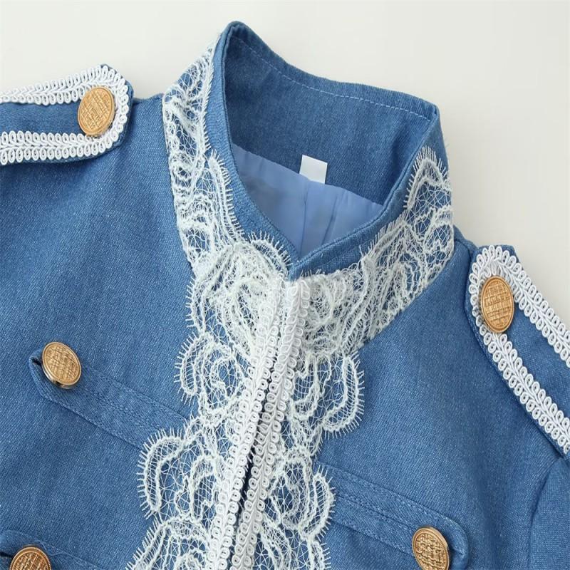 Womens Denim Jacket Lace Trim Stand Collar Long Sleeve Short Versatile Commute Style