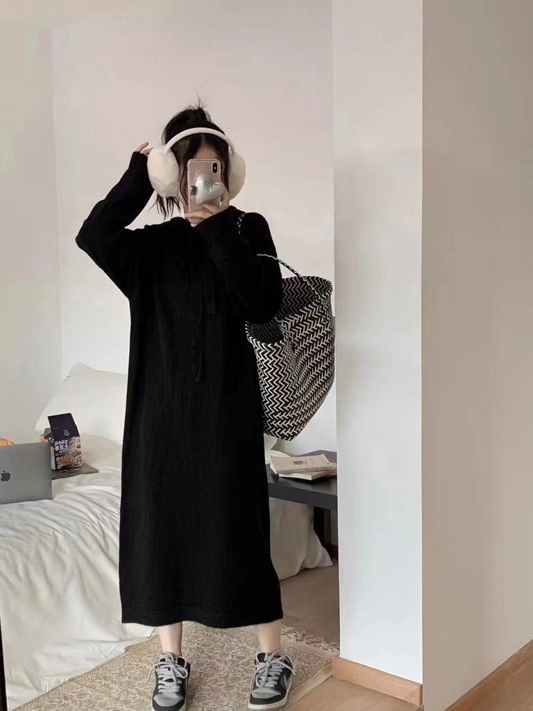 Vintage Long-sleeved Knitted Dress Women's Autumn and Winter Purple Gray Meat Covering and Thin Lazy Hooded Lace-up Sweater Skirt