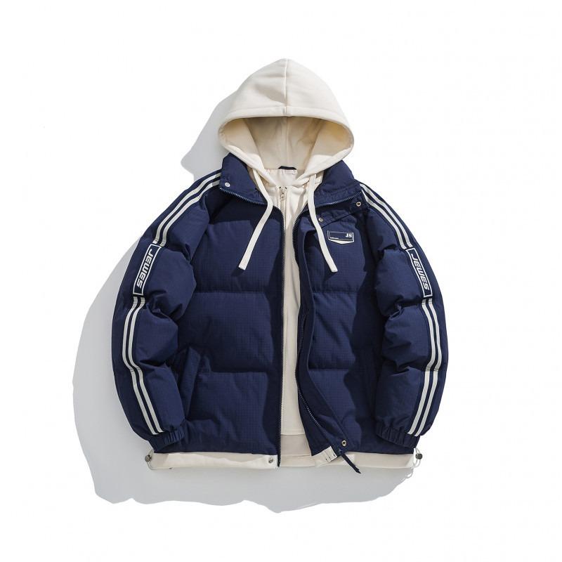 New couple loose hooded cotton-padded jacket, winter black fake two-piece thickened warm cotton-padded jacket