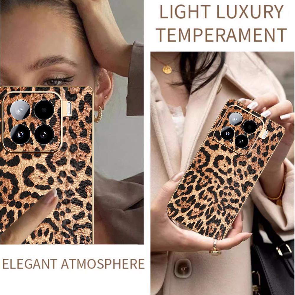 For Xiaomi 15 Case Leopard Print PU Leather Coated PC+TPU Electroplating Phone Cover