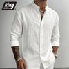 Camisa Masculina de Manga Longa Algodão Linho Cor Sólida Respirável Gola Henley Camisas Casuais Leves de Botão Único Tops Clássicos