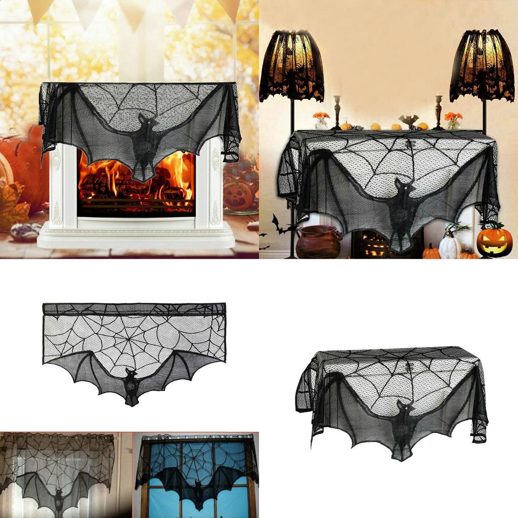 Intricate Black Lace Spider Web Bat Decor For Halloween Fireplace Mantle