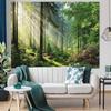 Aesthetic Sunlit Forest Path Tapestry, Lush Green Trees Blooming Flowers Nature Wall Hanging, Rustic Zen Landscape Tapestry