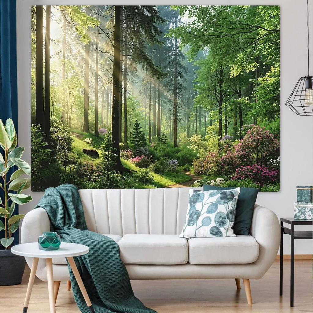 Aesthetic Sunlit Forest Path Tapestry, Lush Green Trees Blooming Flowers Nature Wall Hanging, Rustic Zen Landscape Tapestry