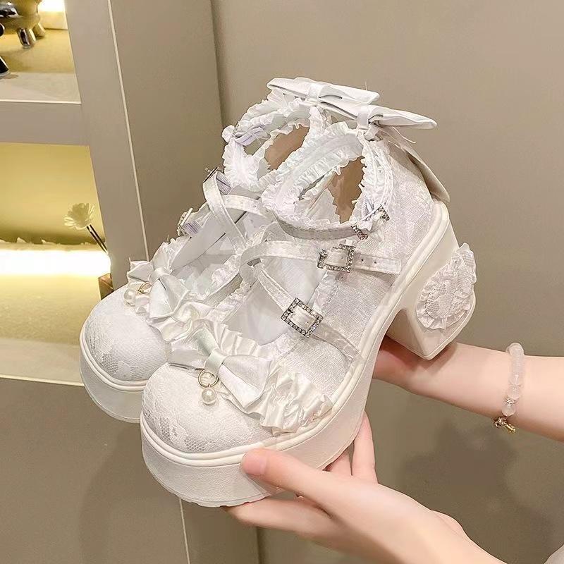 Womens Mary Jane Single Shoe Elegant Temperament Soft Sole Lace Lolita High Heels Fad Beautiful Princess Shoes for Women Tacones