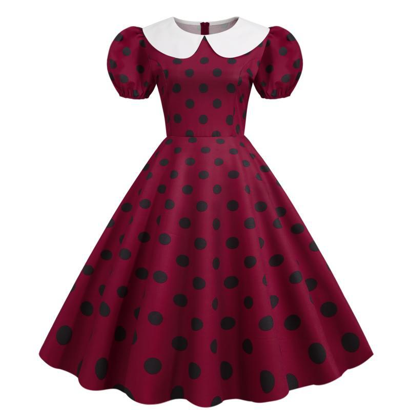 Source Doll Collar Bubble Sleeves Slim-fitting Splicing Polka Dot Pendulum Dress, Starting from One Piece