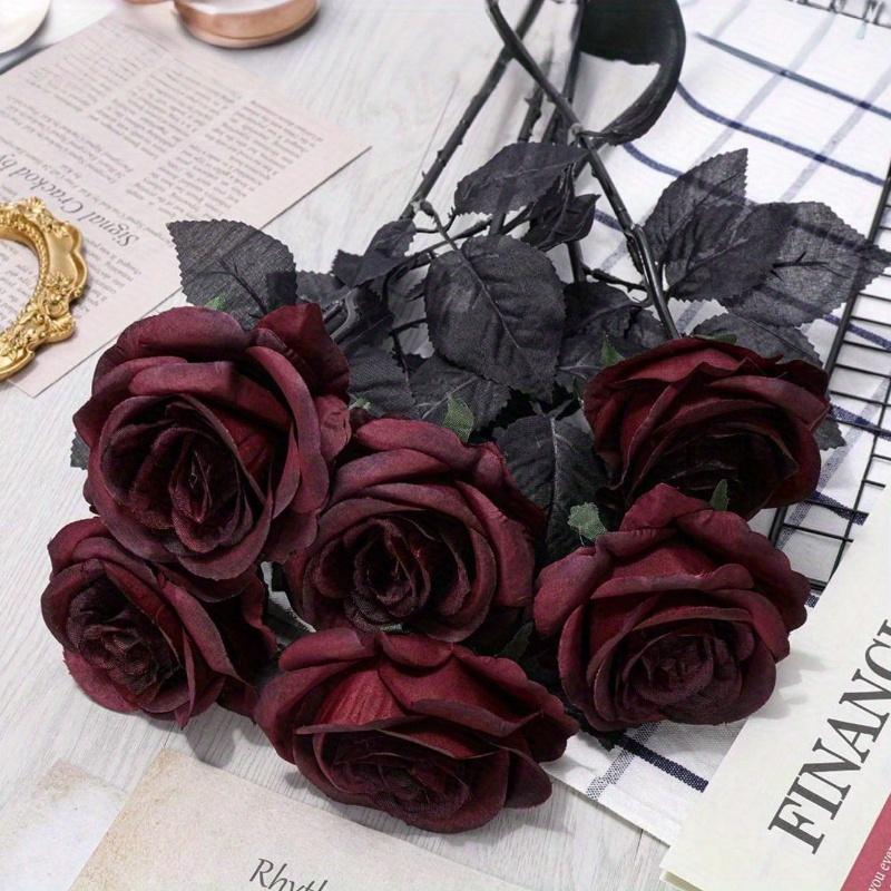 Artificial Silk Roses Bouquet with Long Stem, for Home Wedding Party Decor, Halloween Gothic Dark Arrangements, Outdoor Photo Props