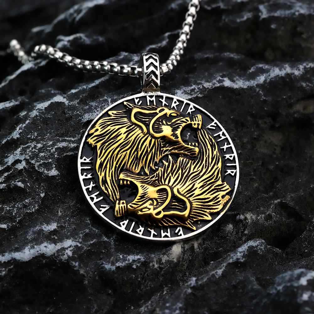 Stainless Steel Viking Guardian Totem Men's Double Wolf Necklace