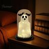 Battery Operated LED Table Lamp Halloween Light Up Ghost in Dome Cloche, Cute Night Spooky Indoor Home Decor with Bats for Kitchen Mantel Tabletop