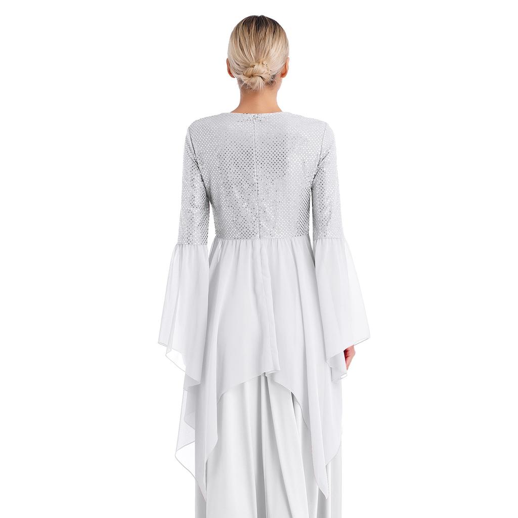 Damen Glitzer Pailletten Liturgisches Tanzkleid Patchwork Anbetungs Tunika Rundhals Ausgestellter Ärmel Asymmetrischer Saum Kleid