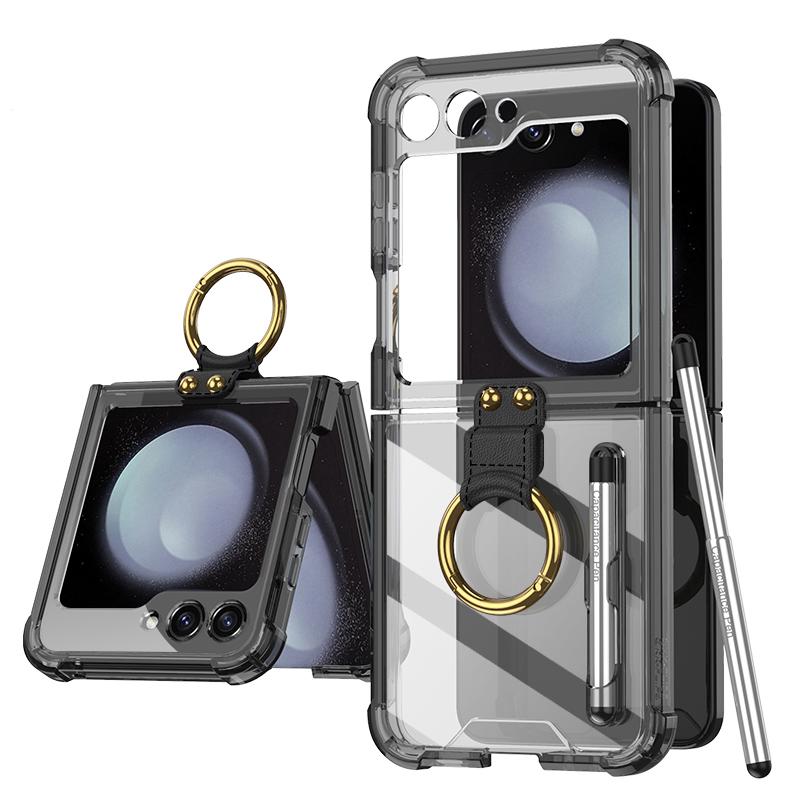 

GKK For Samsung Galaxy Z Flip5 5G Case Ring Kickstand TPU Phone Cover with Stylus/Small Screen Film Transparent Black