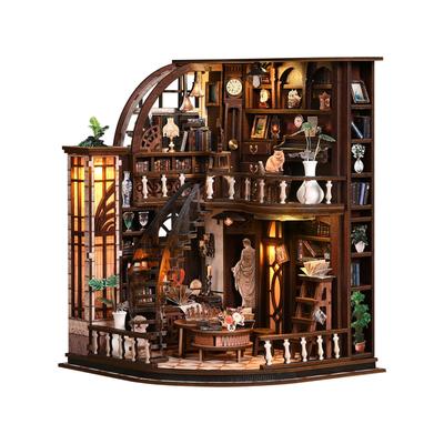 DIY Miniature Book Nook Dollhouse, Starlight Library, Vintage European Style 3D Bookend House, Wooden Assembly Model with LED Lights, DIY Kit, Adult
