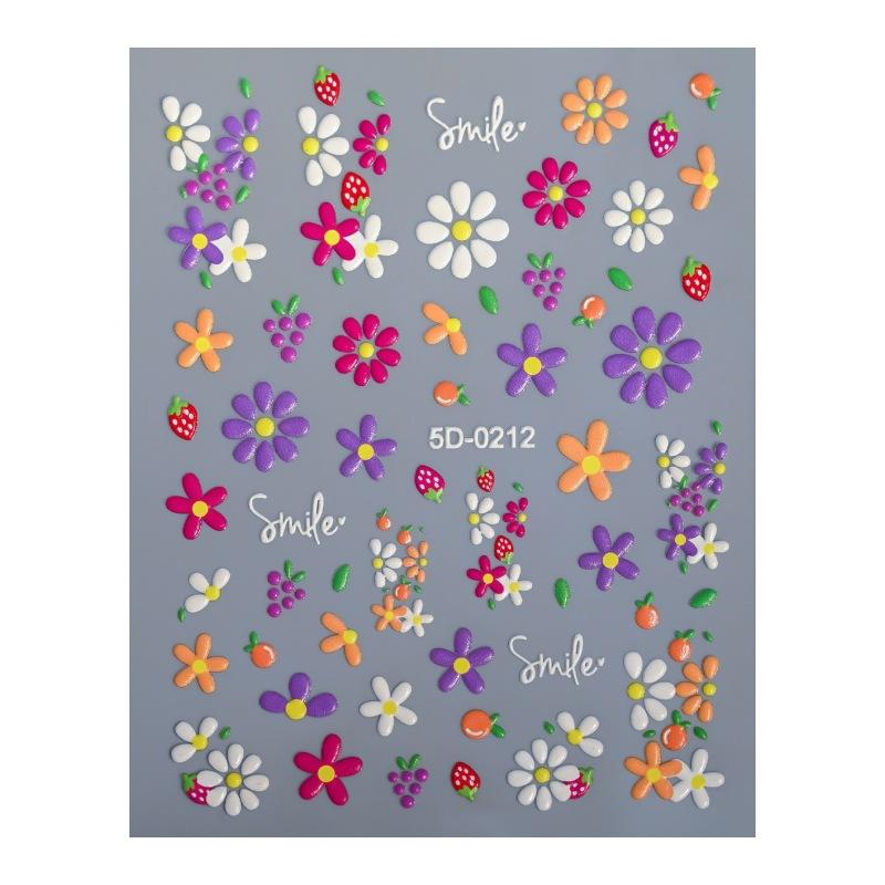 Small Fresh Flower Relief Nail Art Sticker Sweet Daisy Strawberry Flower Three-Dimensional Nail Decorative Sticker