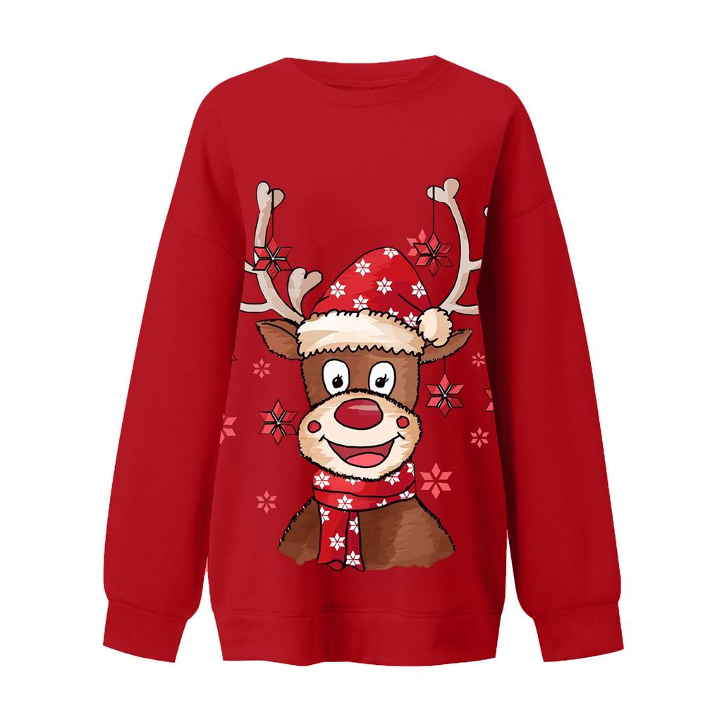 Topuri cu mâneci lungi, căptușite, cu gât rotund, pentru femei, Hanorac cu imprimeu drăguț de Elk de Crăciun