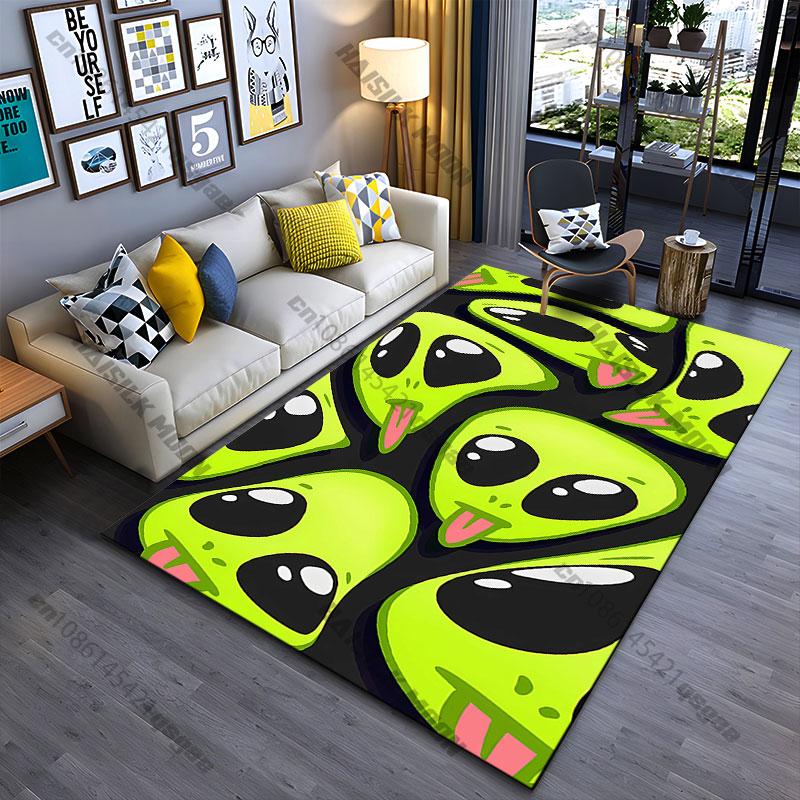 Playful green alien faces carpet Yoga living room room decor children's crawling mat doormat area rug games mat