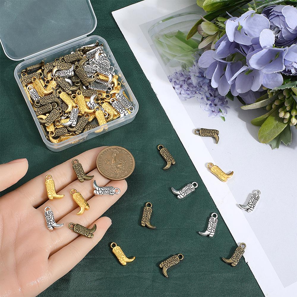 90 sztuk 3 style zawieszek ze stopu w stylu tybetańskim, charmsy kowbojskie zachodnie, mieszane kolory, 18x10,5~11x2,5~3mm, z dziurką: 2,5 mm, 30 szt./styl