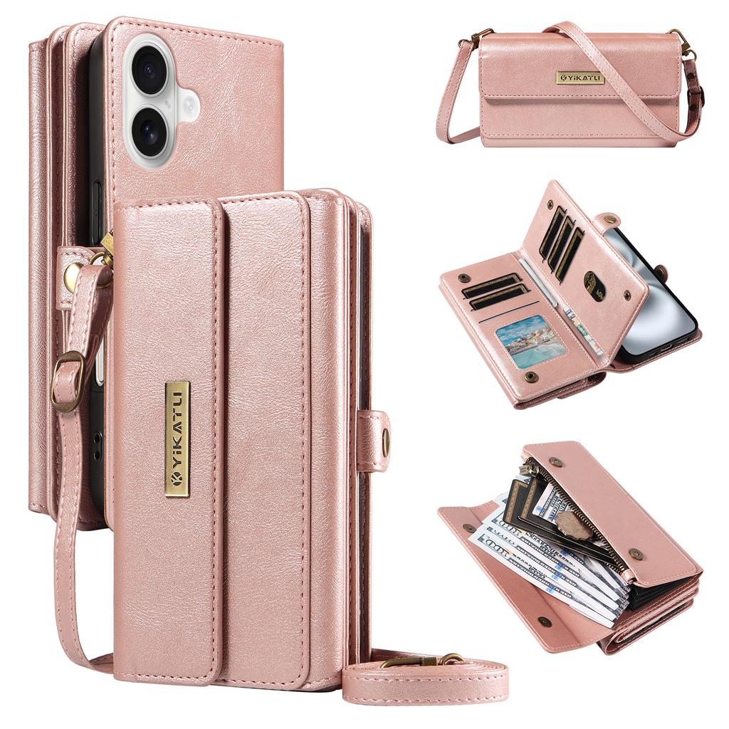 For iPhone 16 Case YIKATU YK-008 Zipper Wallet Leather Phone Cover with Shoulder Strap