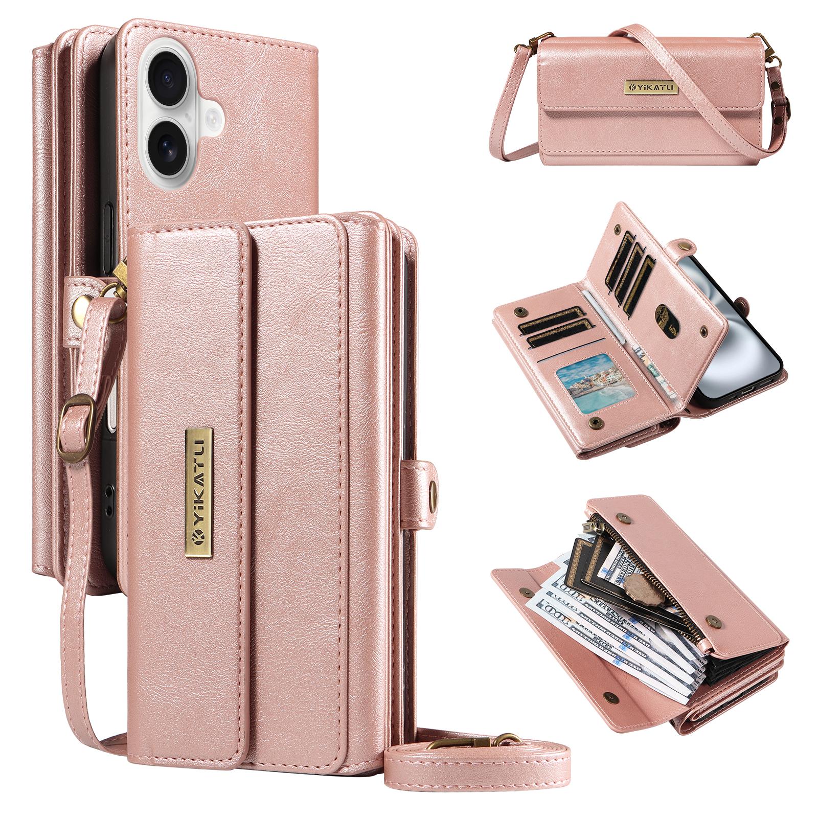 

For iPhone 16 Case YIKATU YK-008 Zipper Wallet Leather Phone Cover with Shoulder Strap Rose Gold