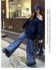 Petite Blue Plaid Loose Straight-Leg Pants - Zhao Lusi Style for Women, Spring/Autumn, 145cm