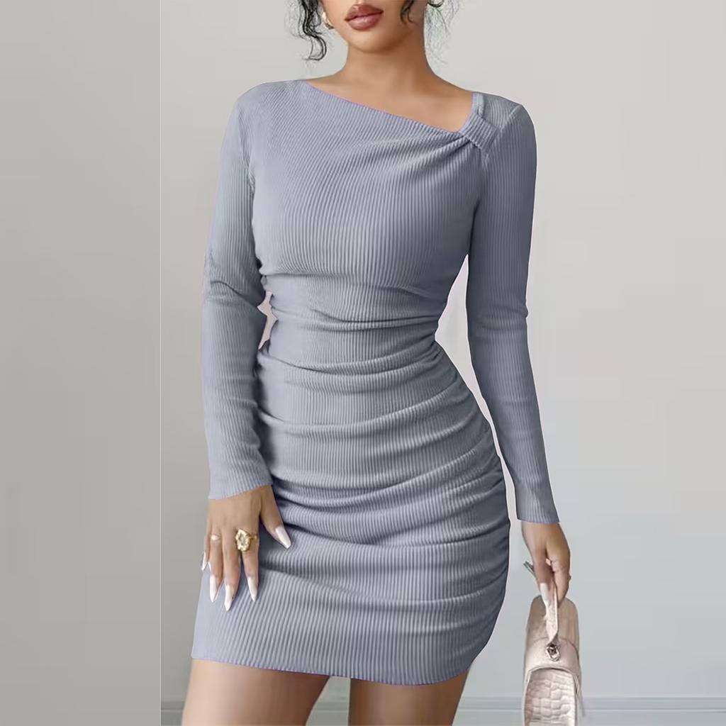 Women's Fashionable Color Slanted Collar Long Sleeved Dress With A Slim Fit And Elastic Buttocks