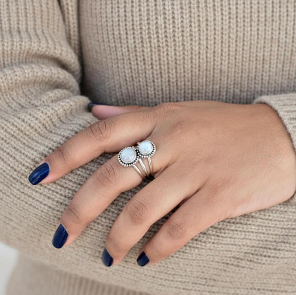 Dual Moonstone 925 Sterling Silver Ring, Boho Stacking Ring, Rainbow Moonstone Jewelry, Gift for Her