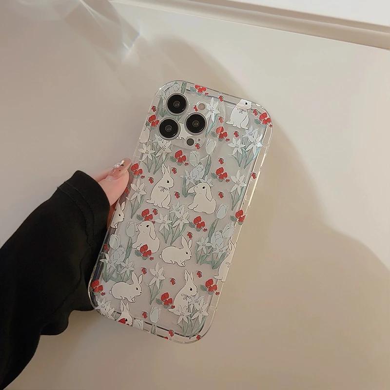 Cute Rabbit Grip Holder Phone Case For iPhone 16 15 14 13 12 11 Pro Max XR X XS 7 8 Plus Stand Floral Clear Soft Silicone Cover