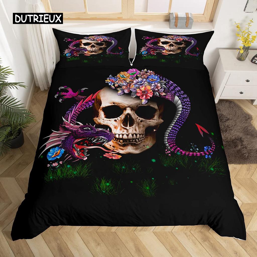 Bedding Set Colorful Skull Bedding Black Neon Skeleton Bed Cover 3 Piece Galaxy Duvet Cover Gothic Bedspread