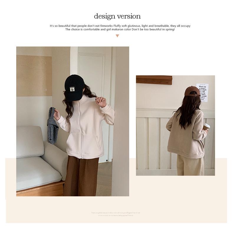 Yi Han Meng Women's Fleece Lined Zip-Up Cardigan - Warm, Korean Style Autumn/Winter Casual Sweatshirt with Stand Collar
