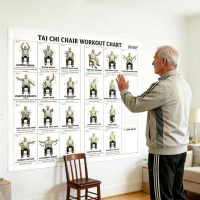 Tabulka cvičení Tai Chi na židli pro seniory 30denní strukturovaný cvičební plán se sedícím Tai Chi a chůzí pro rovnováhu, flexibilitu a pohyblivost
