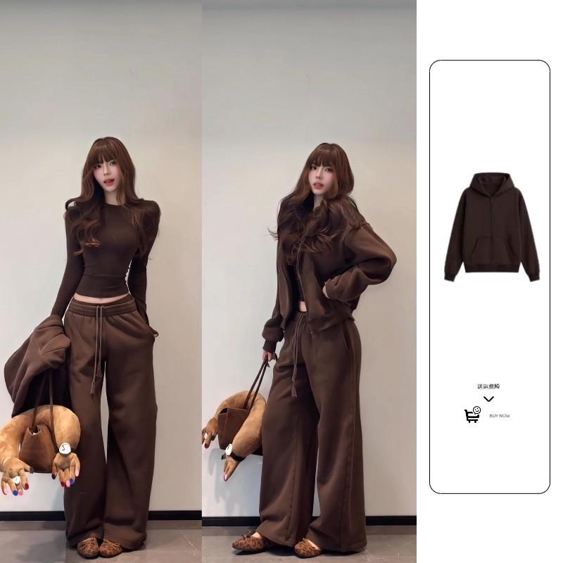 Womens Khaki Hooded Oversized Sweatshirt Set Loose Fit Casual Outfit Fall 2026 Korean Style Streetwear