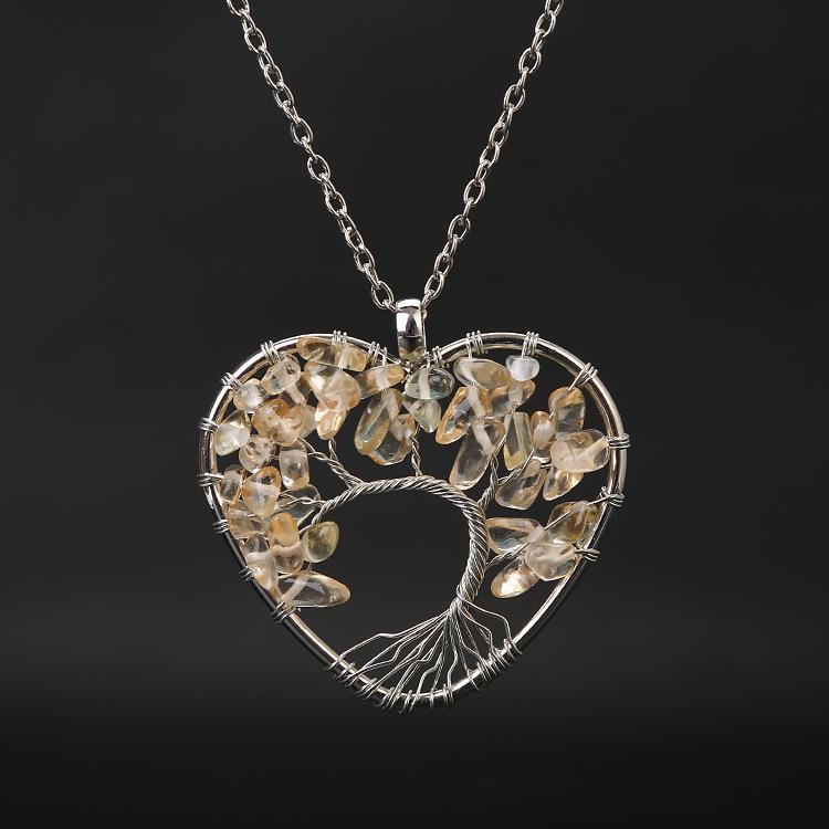 Seven-Color Heart-Shaped Tree of Life Necklace with Natural Stone Crystals