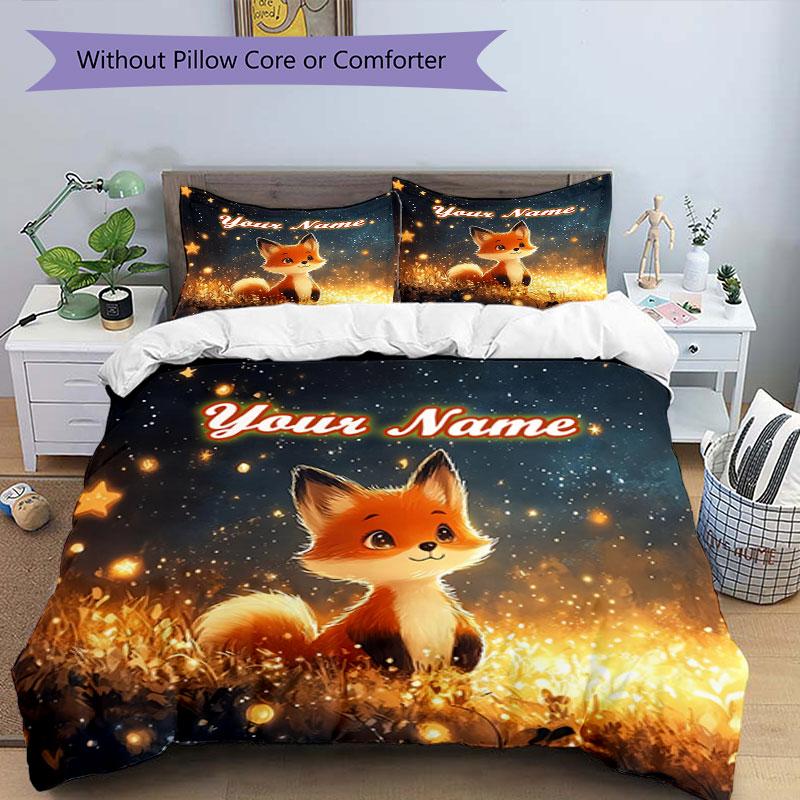 3PC Custom Name Fox Starry Field Bedding Set Duvet Cover Closure Includes 1 Duvet Cover & 2 Pillowcases for Bedroom