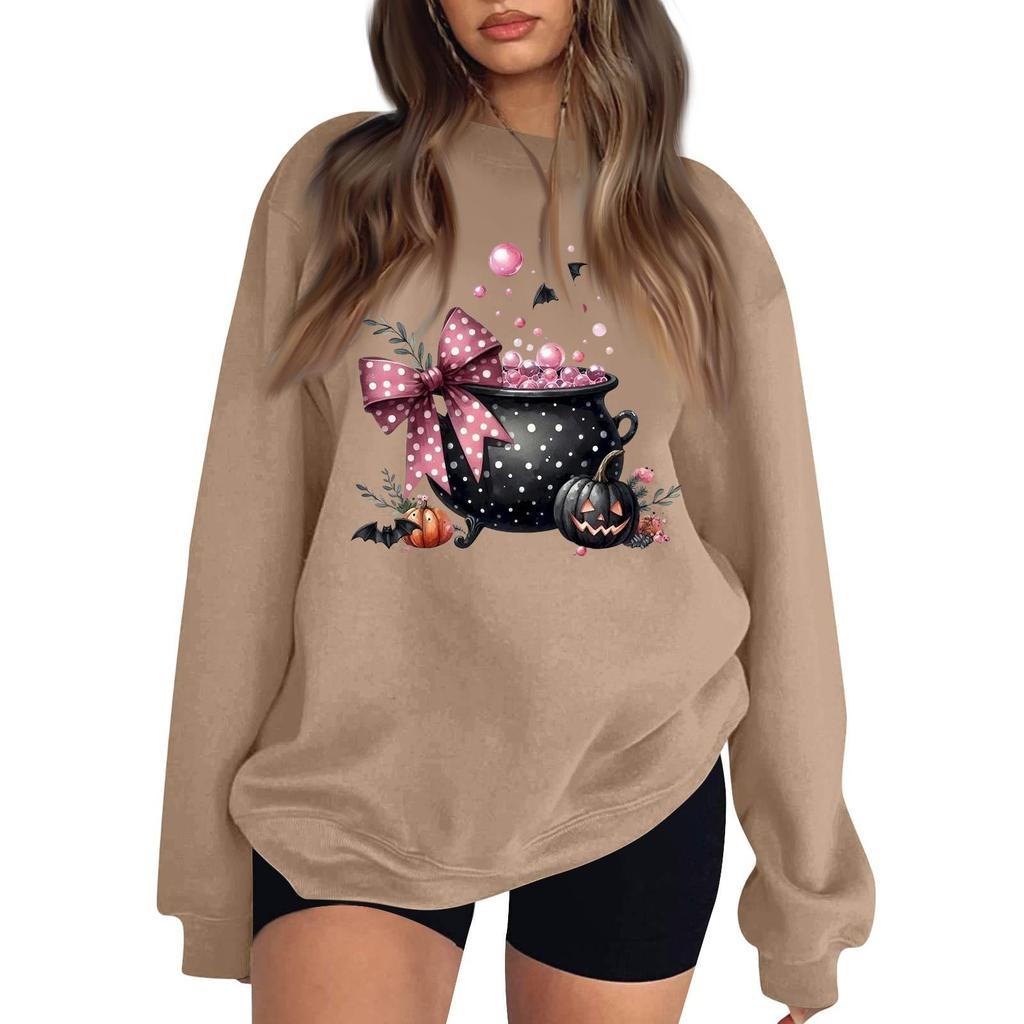 Women's Neck Long Sleeve Casual Loose Fit Sweatshirt Pullover with Color or Small Halloween Print