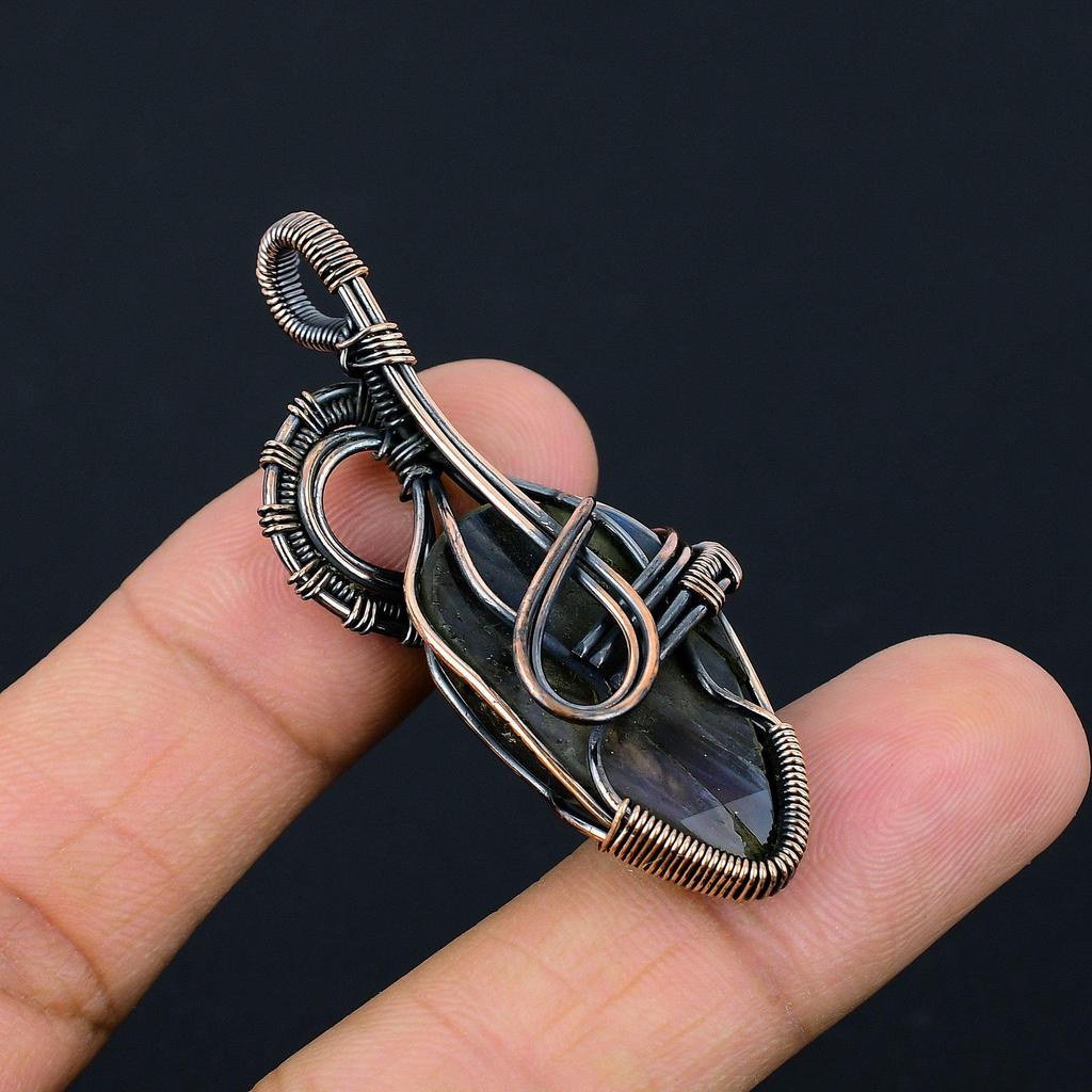 Labradorite Pendant, Handmade Gemstone 999 Copper Wire Wrapped Pendant Antique Jewelry, For Gift Silver Jewelry