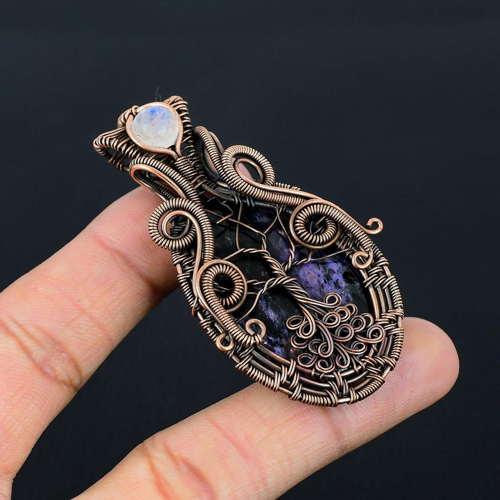 Charoite & Moonstone Gemstone Handmade Pure Copper Wire Wrap Amazing Jewelry Pendant