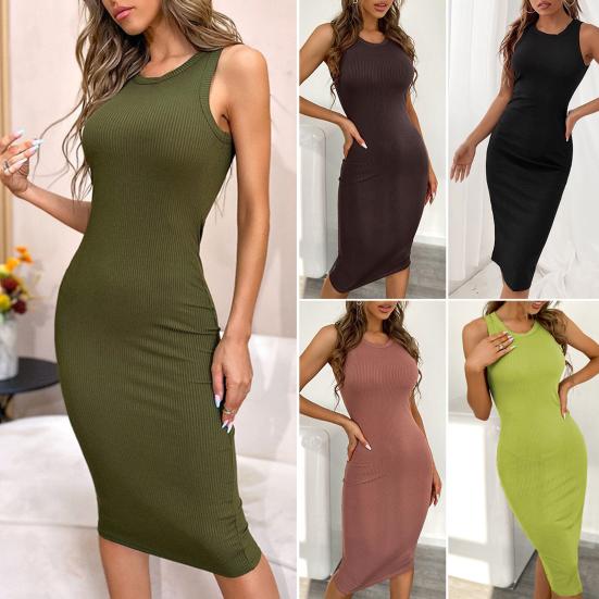 Women Dress Solid Color Ribbed Summer Stretchy Hip Wrap Midi Dress Streetwear