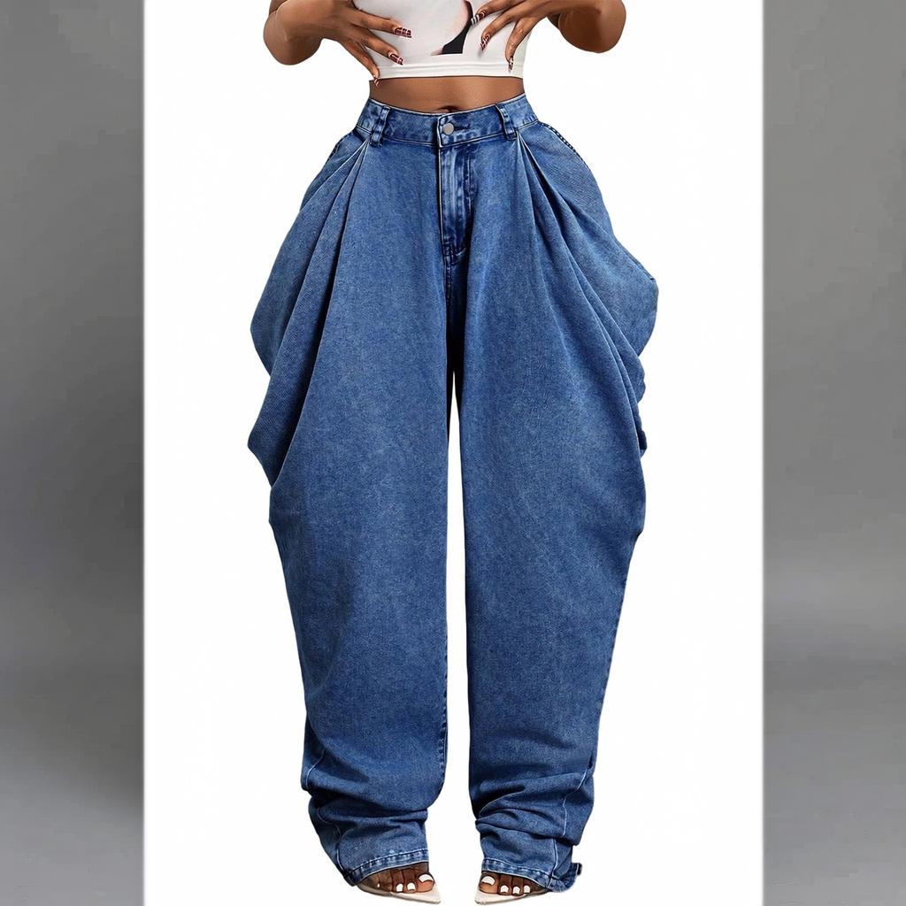 Women's Casual Pleated Vintage Flare Wide Leg Jeans Denim Pants for Everyday Wear