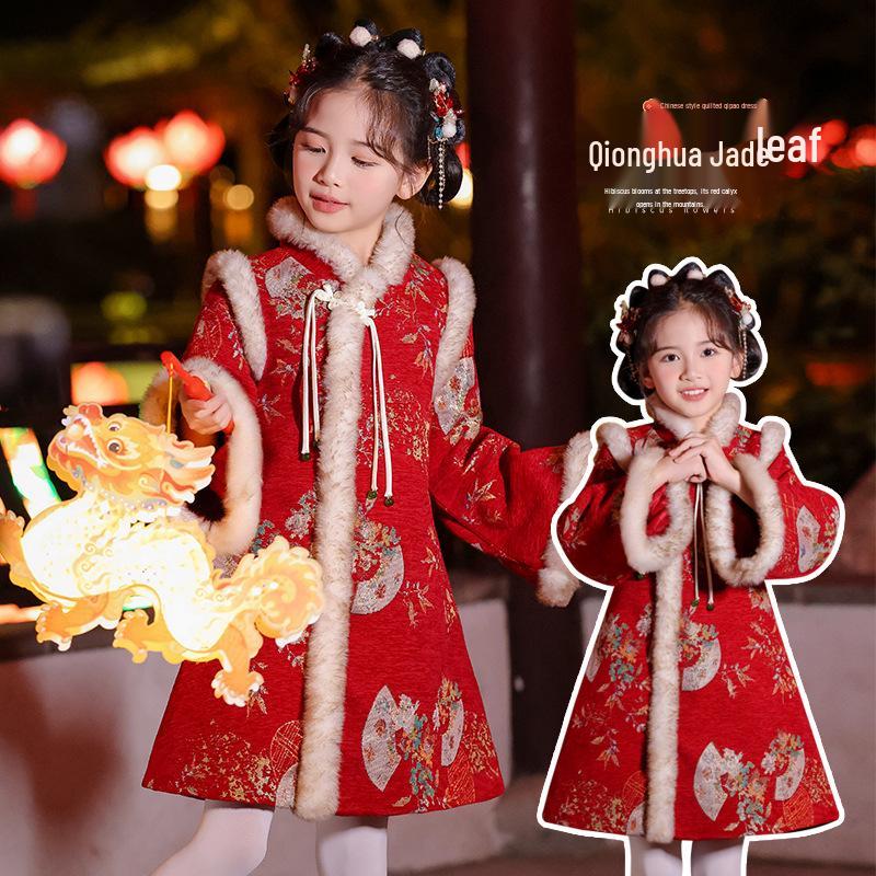 Dívčí zimní Hanfu 2025: Šaty v tangovém stylu s fleecovou podšívkou, stylové čchi-pao pro oslavy Nového roku