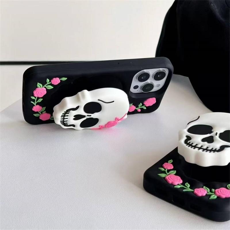 3D Skeleton Flower Holder Phone Case For iPhone 17 16 15 14 13 Pro 12 11 Pro Max Soft Silicone Cover