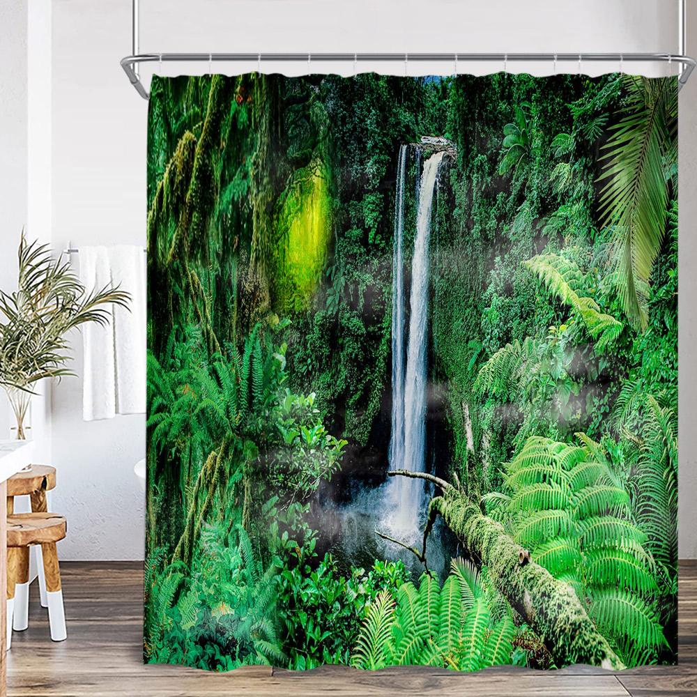 Natürliche Landschaft Wasserfall Wald Duschvorhang Landschaft Grüne Blätter Pflanzen Badezimmer Dekor Polyester Duschvorhang für Zuhause