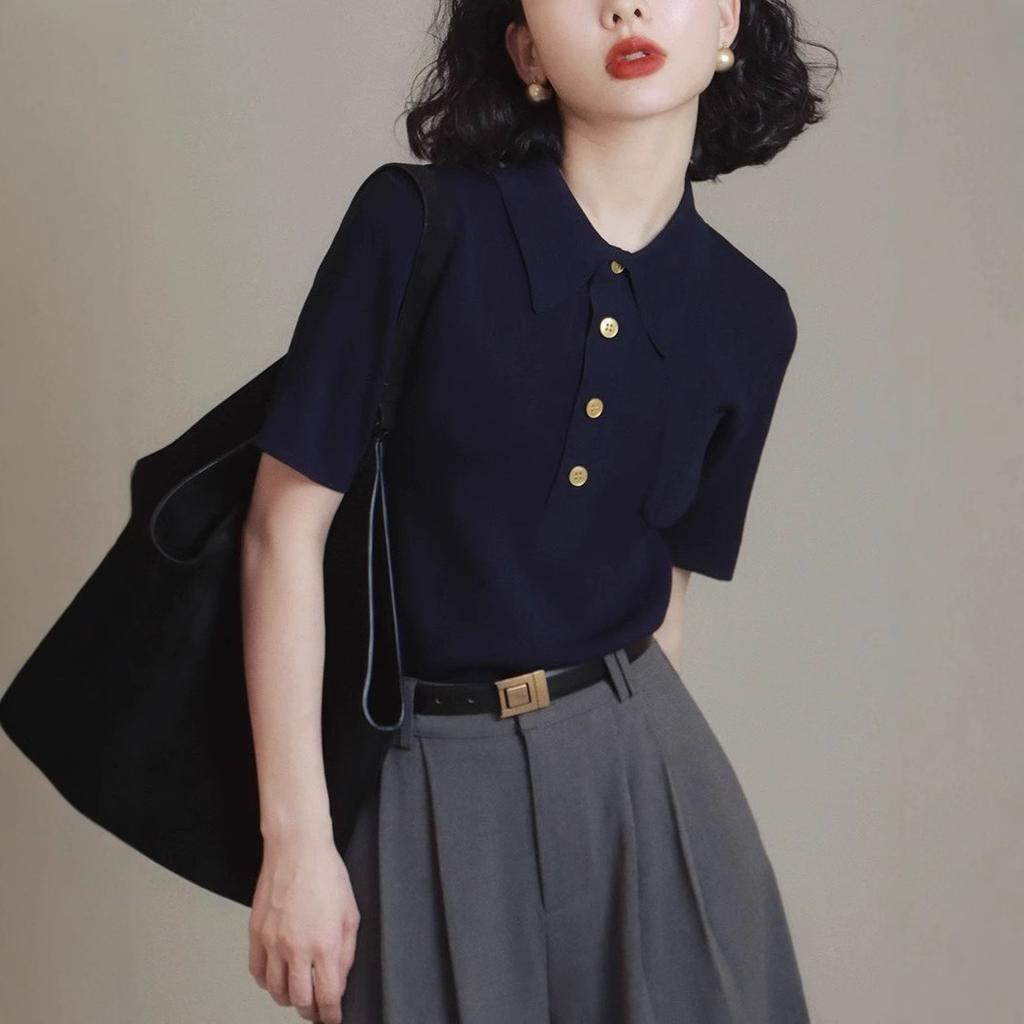 Polo Lapel Ice Silk Knitted Sweater Short-sleeved Women's Summer Thin and Thin Temperament Pocket T-shirt Versatile and Half, Cardigan