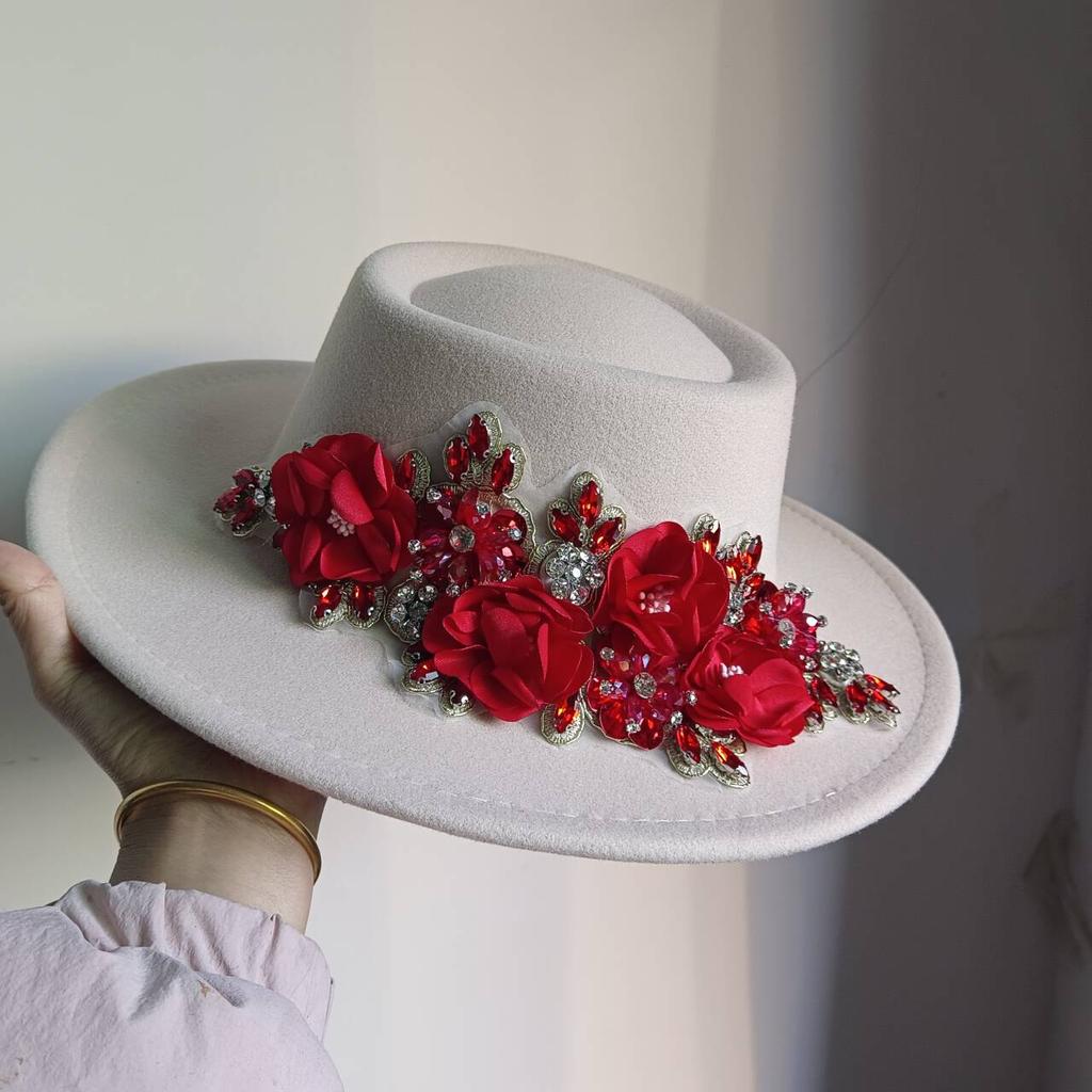 Dark Brown Faux Floral Felt Hat Wedding Hat Women'S Jazz Hat Panama French Elegant Felt Hat Somprero Mujer Chapeau Femme Luxe