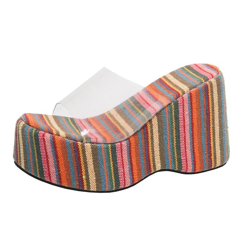 Thick-bottomed slope heel one-word slippers women's high-heeled sponge cake solid color cloth surface beach cool slippers