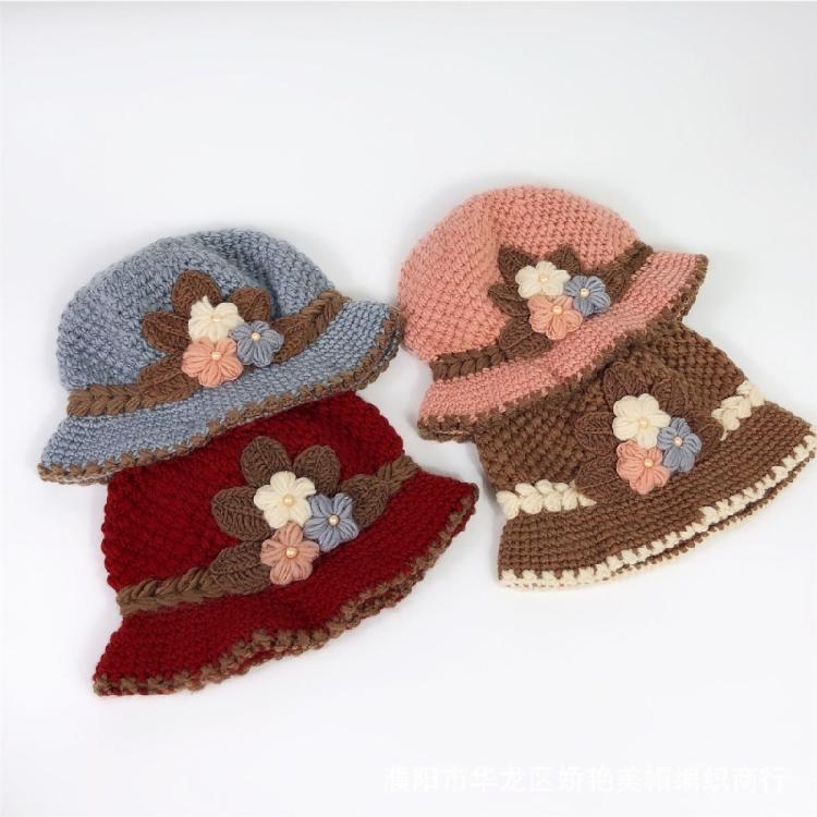 Flower Bucket Hat for Adult Outdoor Sports Wide Brim Autumn Knit Fisherman Hat