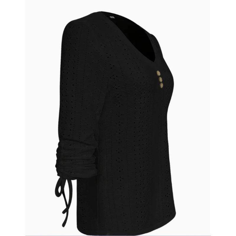 Spring and Summer New Solid Color Jacquard Button Long-sleeved Straps Hollow Loose T-shirt Top