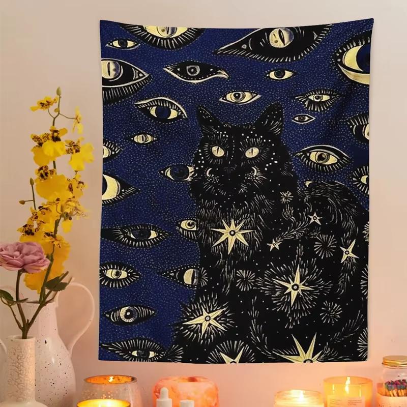 Mysterious Black Cat Art Tapestry Red Background Starry Sky Pattern Gothic Fantasy Wall Decoration Room Decoration 100X70CM