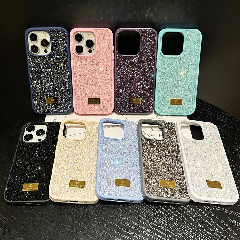 Stylish Shiny Imitation Diamond Phone Case for Iphone 16 15 14 13 12 11 Pro Max Plus INS Girl Back Shockproof Tpu + PC Hard Case