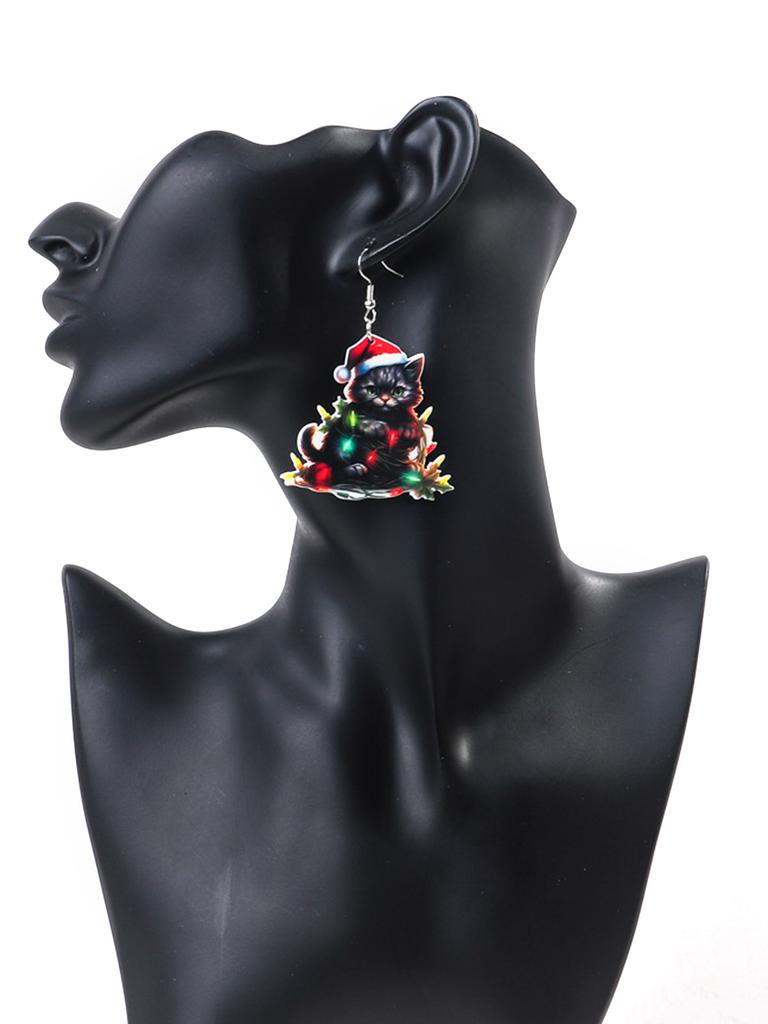 Cute Christmas Hat Cat Colorful Lamp Earrings for Women Lovely Cartoon Black Kitten Drop Earring Party Jewelry Xmas Gifts